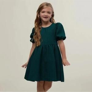 RACHEL PARCELL - Jaquard Girls Puff Sleeve Dress - Emerald Green, Size 7